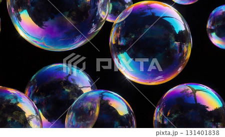Colorful soap bubbles floating against a black background - ai generated Colorful soap bubbles floating against a black background - ai generated 131401838