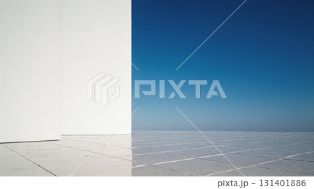 Minimal architecture with white walls and shadows under blue sky 131401886