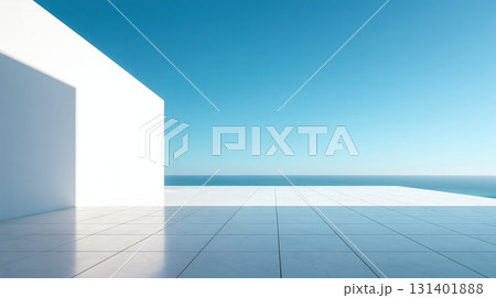 Minimal architecture with white walls and shadows under blue sky 131401888