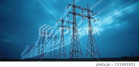 Power lines glow and stretch across a blue evening sky 131401951