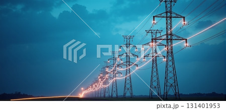 Power lines glow and stretch across a blue evening sky 131401953