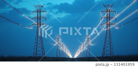 Power lines glow and stretch across a blue evening sky 131401959