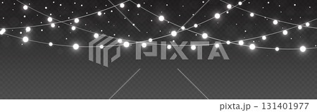 Christmas lights decoration with falling snow on transparent background. Glowing white garlands. Fairy bulbs for festive design, web or print. Greeting card decor template. Vector Illustration Christmas lights decoration with falling snow on transparent background. Glowing white garlands. Fairy bulbs for festive design, web or print. Greeting card decor template. Vector Illustration 131401977