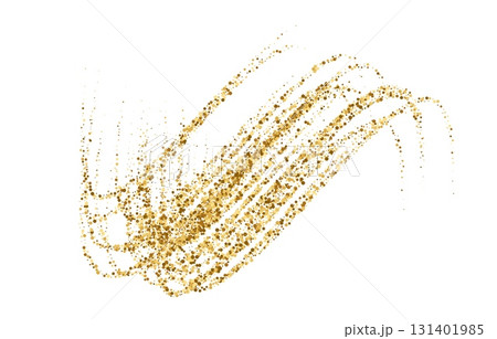 Dynamic golden waves with small particles and shine effects. Gold stipple flow waves, glitter undulate pattern. Golden vector curved dashed gradient flow for holiday design, abstract background 131401985