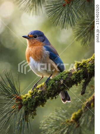 songbird perches on mossy pine branch in sunlight 131402020