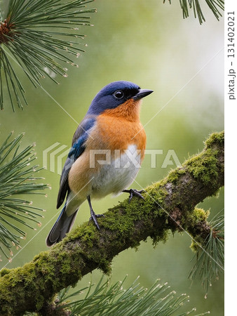 songbird perches on mossy pine branch in sunlight 131402021