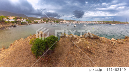 Cadaques coastal view with boats, Cadaques, Spain 131402149