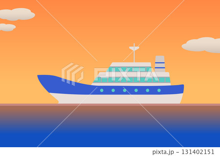 赤い空の下で夕暮れの海を進んでいく旅客船 シンプルな風景イラスト 赤い空の下で夕暮れの海を進んでいく旅客船 シンプルな風景イラスト 131402151