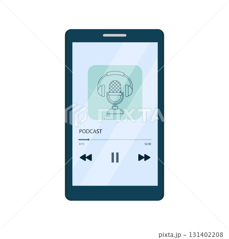 Podcast concept. Smartphone with an application for listening to podcasts on the screen. Vector illustration in flat cartoon style. Podcast concept. Smartphone with an application for listening to podcasts on the screen. Vector illustration in flat cartoon style. 131402208