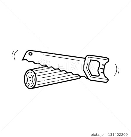 Hand saw sawing a tree. Hand drawn icon in sketch doodle style. Isolated vector illustration. Hand saw sawing a tree. Hand drawn icon in sketch doodle style. Isolated vector illustration. 131402209