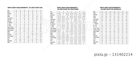 Set of men EU size chart centimeters inches fractions decimals bust waist hips sleeve shoulder height S M L XL Set of men EU size chart centimeters inches fractions decimals bust waist hips sleeve shoulder height S M L XL 131402214