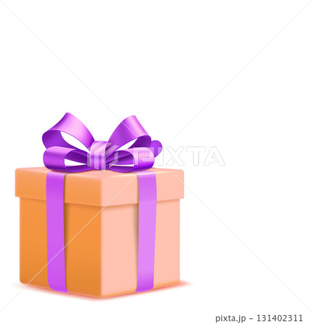 Orange gift box with purple ribbon and bow. Orange gift box with purple ribbon and bow. 131402311