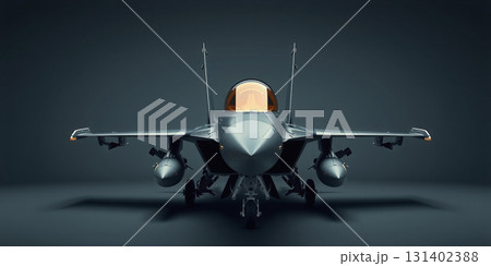 Conceptual representation of the frontal view of a modern dark fighter jet standing on the ground ready for combat and parked 131402388