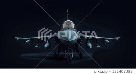Conceptual representation of the frontal view of a modern dark fighter jet standing on the ground ready for combat and parked 131402389