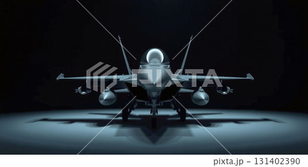 Conceptual representation of the frontal view of a modern dark fighter jet standing on the ground ready for combat and parked 131402390