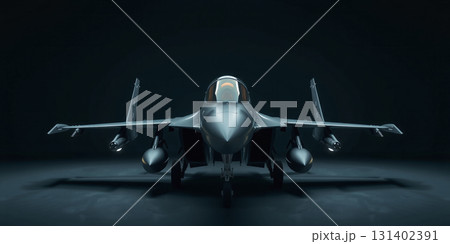 Conceptual representation of the frontal view of a modern dark fighter jet standing on the ground ready for combat and parked 131402391