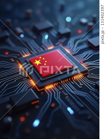 A chinese-made computer chip with the flag of people republic of china, ensuring independence from foreign production - ai generated 131402397
