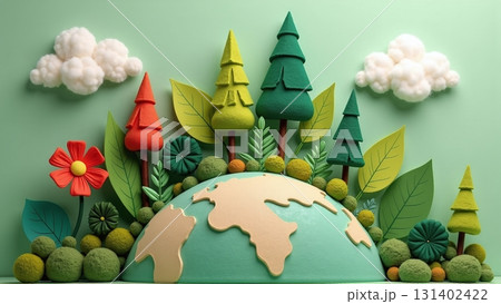 Green earth with flowers, leaves, paper art style environment - ai generated Green earth with flowers, leaves, paper art style environment - ai generated 131402422
