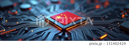 A chinese-made computer chip with the flag of people republic of china, ensuring independence from foreign production - ai generated A chinese-made computer chip with the flag of people republic of china, ensuring independence from foreign production - ai generated 131402429