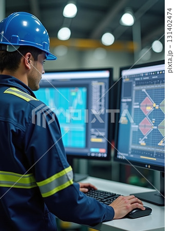 Industrial process controller monitors factory operation on dual screens - ai generated Industrial process controller monitors factory operation on dual screens - ai generated 131402474
