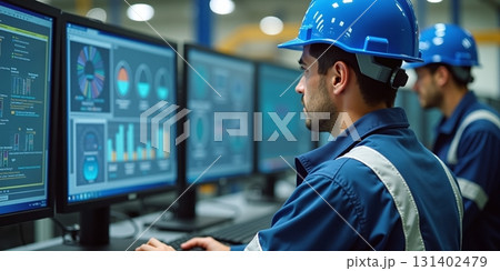 Industrial process controller monitors factory operation on dual screens - ai generated Industrial process controller monitors factory operation on dual screens - ai generated 131402479