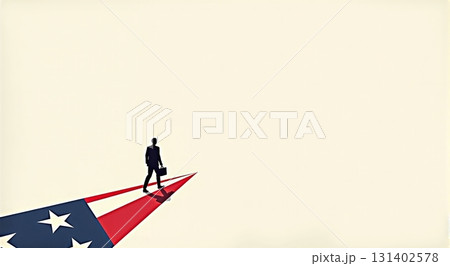Businessman walks on US flag path in minimal scene - ai generated Businessman walks on US flag path in minimal scene - ai generated 131402578