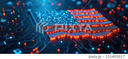 US flag formed by glowing circuits symbolizes digital progress - ai generated 131403017