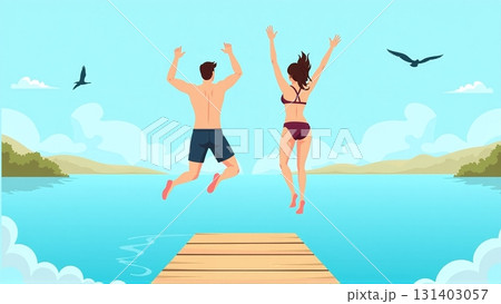 Couple jumping into lake together on a sunny day outdoors - ai generated 131403057
