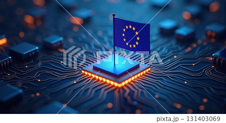 A European flag stands on a glowing microchip in a circuit - ai generated A European flag stands on a glowing microchip in a circuit - ai generated 131403069