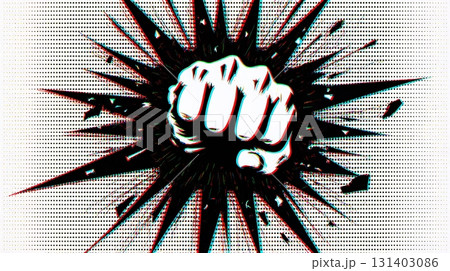 Comic style fist punching through wall with energetic burst - ai generated 131403086