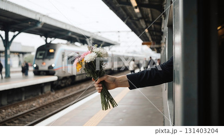 Hand with flowers reaches from train window for romantic welcome - ai generated 131403204