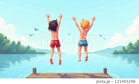 Kids jumping into lake together on a sunny day outdoors - ai generated Kids jumping into lake together on a sunny day outdoors - ai generated 131403206