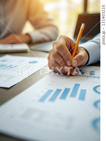 Business person analyzing bar charts with pencil and laptop - ai generated Business person analyzing bar charts with pencil and laptop - ai generated 131403210