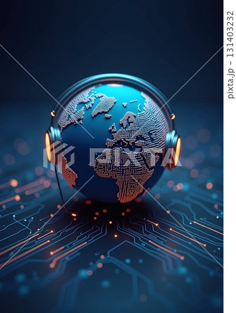 Glowing globe with headphones connected by digital data lines - ai generated Glowing globe with headphones connected by digital data lines - ai generated 131403232