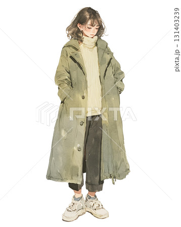 【女性立ち絵】オーバーサイズのロングコートの女性 131403239