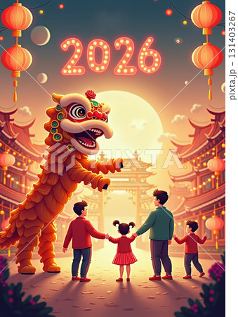 Chinese New Year celebration with lion dance and lanterns - ai generated Chinese New Year celebration with lion dance and lanterns - ai generated 131403267