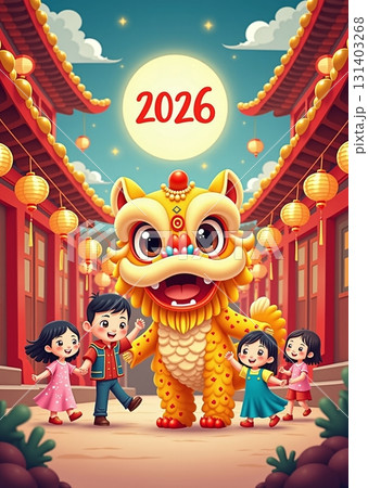 Chinese New Year celebration with lion dance and lanterns - ai generated 131403268
