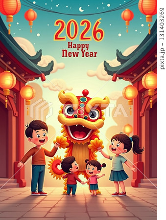 Chinese New Year celebration with lion dance and lanterns - ai generated Chinese New Year celebration with lion dance and lanterns - ai generated 131403269