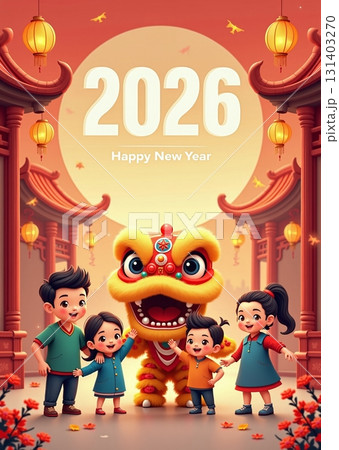 Chinese New Year celebration with lion dance and lanterns - ai generated Chinese New Year celebration with lion dance and lanterns - ai generated 131403270