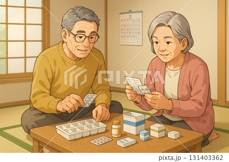 和室で薬を整理する高齢者 131403362
