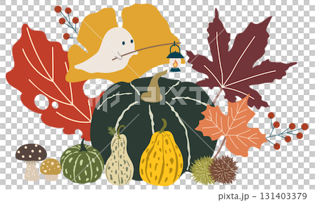 ハロウィンのお化けと秋の植物 131403379