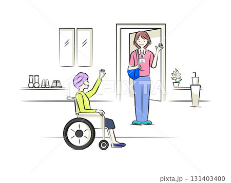 訪問介護で高齢者の自宅(玄関)へ訪ねる介護士|介護看護シリーズ 訪問介護で高齢者の自宅(玄関)へ訪ねる介護士|介護看護シリーズ 131403400