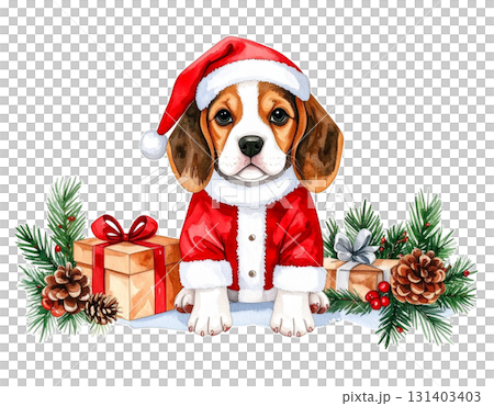 一隻打扮成聖誕老人的小獵犬和聖誕禮物的水彩插圖 3 / 傳單和海報的材料 131403403