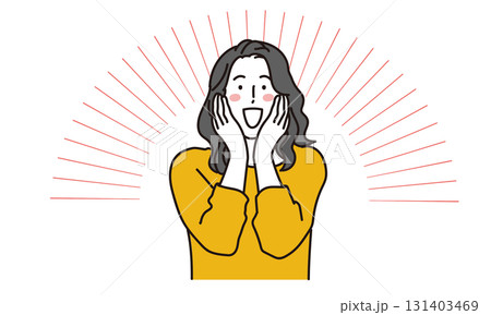 頬に手を当てて喜ぶ表情の若い女性のイラスト素材 頬に手を当てて喜ぶ表情の若い女性のイラスト素材 131403469