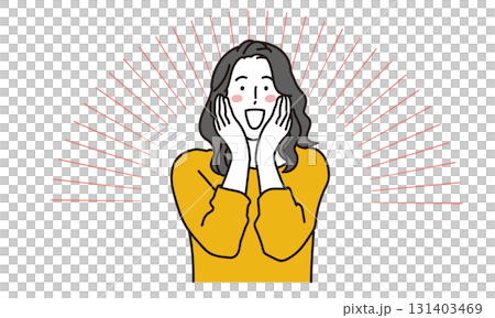 頬に手を当てて喜ぶ表情の若い女性のイラスト素材 頬に手を当てて喜ぶ表情の若い女性のイラスト素材 131403469