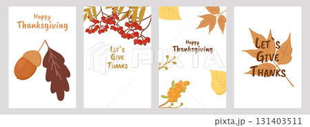 Thanksgiving poster set with festive autumn design. For holiday decoration marketing material social media post and seasonal invitation. Vector illustration 131403511