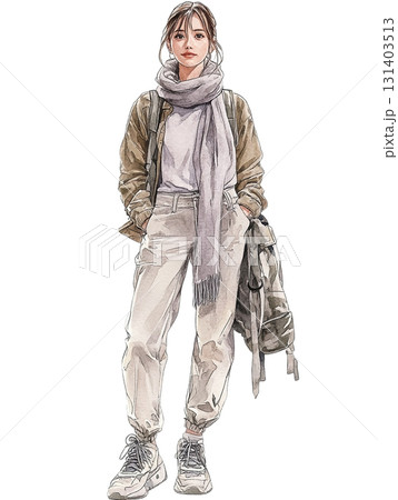 【女性立ち絵】カーキジャケットとストールで秋コーデ 【女性立ち絵】カーキジャケットとストールで秋コーデ 131403513