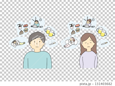 Illustration set of people reflecting on lifestyle habits 131403682