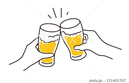 ビールで乾杯をするシンプルタッチのイラスト素材 131403797