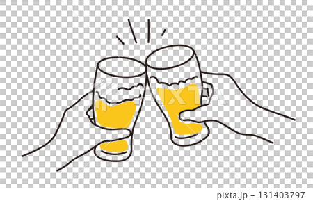 ビールで乾杯をするシンプルタッチのイラスト素材 131403797